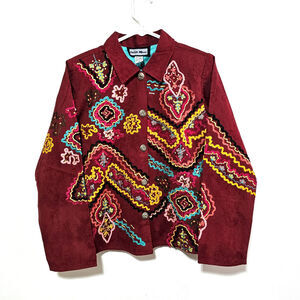 Indigo Moon Blazer Womens Size M Burgundy Embroidered Sequins Vintage Artsy Boho
